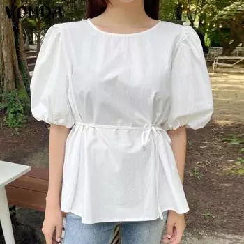 VODNA женская летняя пышная блузка с круглым вырезом и короткими рукавами на шнурке, однотонная повседневная блузка