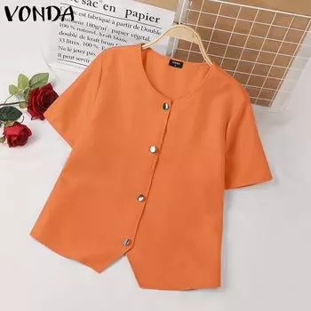 VODNA женская летняя свободная рубашка с круглым вырезом и короткими рукавами и пуговицами, однотонная