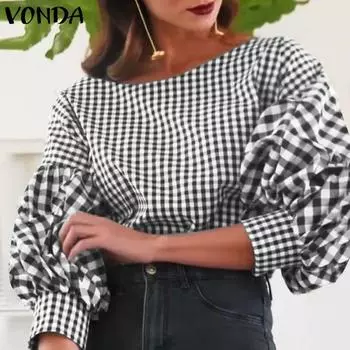 VODNA женская однотонная свободная блузка в клетку с круглым вырезом и длинными рукавами