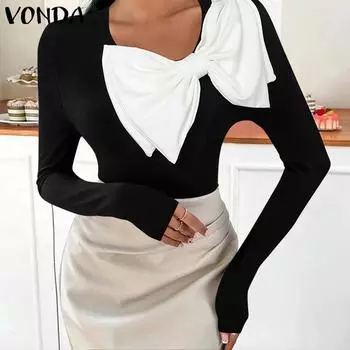 VODNA Женские винтажные однотонные футболки с длинным рукавом и завязками L белый