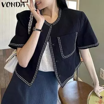 VODNA женский летний элегантный костюм с открытой планкой и короткими рукавами, карманами и пуговицами, контрастные цвета