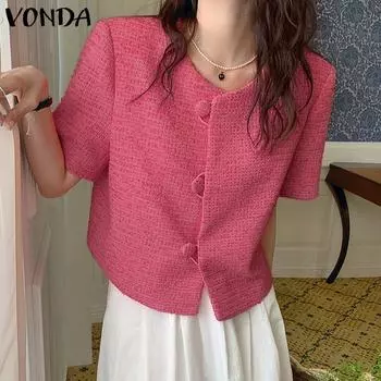 VODNA женский летний однотонный свободный костюм с круглым вырезом и короткими рукавами на пуговицах 4XL хаки