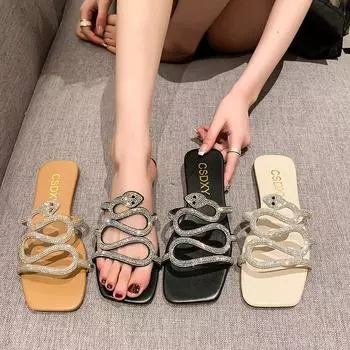 Водные ромбовидные змееголовые прямые плоские тапочки женские туфли квадратные домашние тапочки черные 35 чёрный