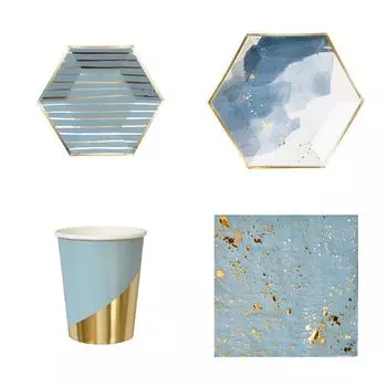 Водные синие бумажные стаканчики, тарелки, салфетки с бронзой, одноразовая бумажная посуда для вечеринки, тарелки для торта, чашки, свадьба, день рождения, банкет, пикник, десертный декор 8 plates