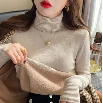 Водолазка флисовый свитер женский утолщенный интегрированный флис свободные свитера верхняя одежда осень и зима теплая трикотажная основа свитер рубашка One Size чёрный