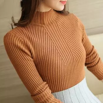 Водолазка модные вязаные свитера зимние однотонные белые свитера с длинными рукавами пуловеры тонкие женские свитера женская одежда 5218 One Size коричневый