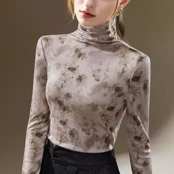Водолазка, нижняя рубашка, женская новая женская одежда, принт в иностранном стиле, полированная футболка с длинными рукавами, топ на талии S