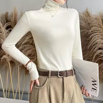 Водолазка однотонная нижняя часть топы женские осень зима тонкие простые длинные рукава футболки женские повседневные футболки женские S белый