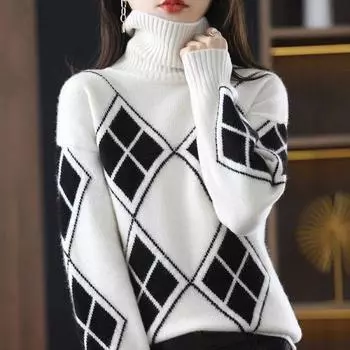 Водолазка осень/зима с геометрическим принтом, плотный трикотаж, свободный свитер, трикотажный топ, эластичный джемпер S чёрный