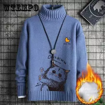 Водолазка, принтованная рубашка с принтом, модный фирменный трикотажный свитер, универсальный кардиган, мужской теплый пуловер на осень и зиму 4XL синий