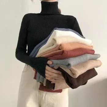 Водолазка, пуловер, женский свитер, осень-зима, новый вязаный свитер с длинными рукавами, женский тонкий однотонный шерстяной свитер, джемперы 16675 OneSize серый