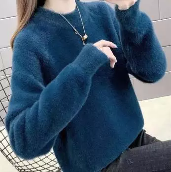 Водолазка, пуловеры, зимний свитер, женский толстый теплый женский вязаный пуловер, свободный базовый трикотаж, джемпер S синий