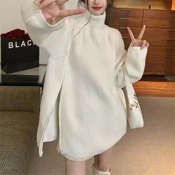 Водолазка с боковой молнией, женская, осень-зима 2024, новая нишевая ленивая, средняя и длинная вязаная кофта one size fits all