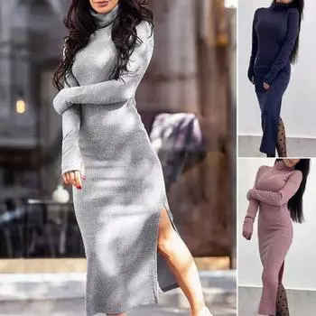 Водолазка с длинным рукавом и запахом бедра, женское платье с разрезом по бокам, осень-зима, женское однотонное тонкое трикотажное платье миди 2XL темно-розовый
