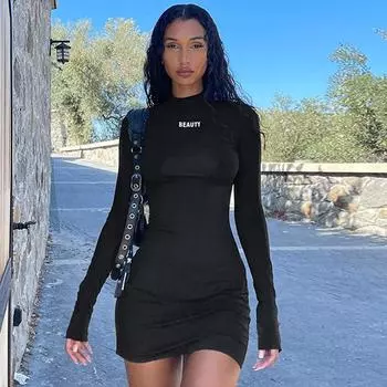 Водолазка с длинными рукавами и буквенным принтом сексуальное облегающее мини-платье осень-зима женская уличная одежда для вечеринок и клубов Y2K одежда S чёрный