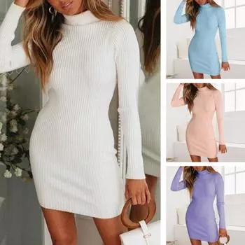 Водолазка с длинными рукавами, однотонное платье-свитер, женское осенне-зимнее облегающее мини-платье в рубчик L фиолетовый