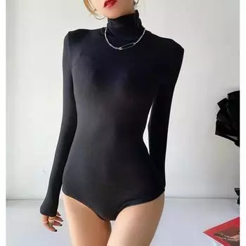 Водолазка с ластовицей, облегающая, эластичная, с длинными рукавами, модная, однотонная, новая женская футболка-боди Black XL