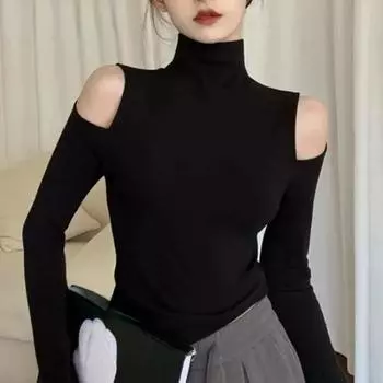 Водолазка с открытыми плечами и длинными рукавами, женская тонкая бархатная рубашка с узкой подошвой, весенне-осенние открытые топы в корейском стиле S чёрный