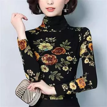 Водолазка с принтом, нижняя рубашка, осень-зима, новая футболка для мамы, модные женские пуловеры с длинными рукавами, топ M-4XL L чёрный