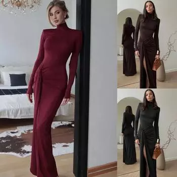 Водолазка с высоким разрезом и сексуальным макси-платьем для женщин, модное облегающее платье с длинными рукавами и драпировкой, длинное клубное платье M чёрный