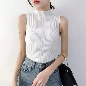Водолазка Широкий В рубчик Вязаный Жилет Женский Летний Гонконгский Стиль Ретро Шик Топ без рукавов Базовый слой S белый