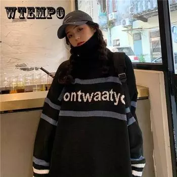 Водолазка соответствующего цвета, свитер с буквами алфавита, свободный толстый свитер для школьницы, зимнее пальто XL чёрный