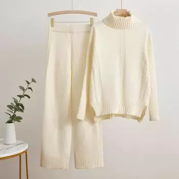 Водолазка, свитер, утолщенный вязаный свитер, повседневный модный костюм для женщин, осень и зима, свободный ленивый стиль, широкие брюки, костюм из двух частей One Size розовый