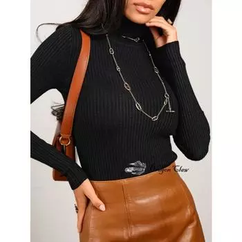 Водолазка свитер Вязаный нижний свитер Вязаный свитер Водолазка Пуловер Свитер женский One Size чёрный