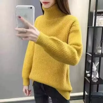 Водолазка свитер женский осень и зима 2024 новый свободный верхняя одежда ленивый пуловер трикотажная нижняя рубашка топ в иностранном стиле one size fits all жёлтый