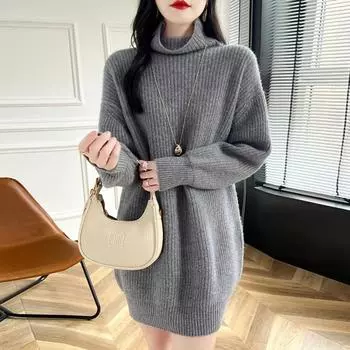 Водолазка свитер женский шерстяной свитер средний стиль свободный большой размер вязаный пуловер осень и зима толстый теплый уличный свитер S серый