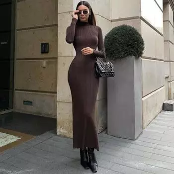 Водолазка трикотажные женские платья сексуальные однотонные высокая талия бедра пакет дамское платье элегантные длинные рукава тонкие женские платья S хаки