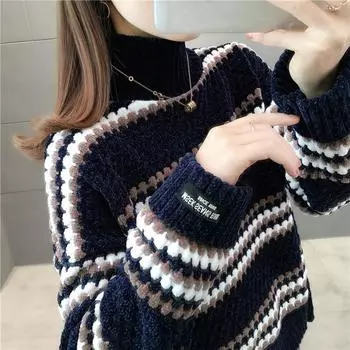 Водолазка женская свитер осень и зима свободная верхняя одежда ленивый ветер толстый низ рубашка one size темно-синий