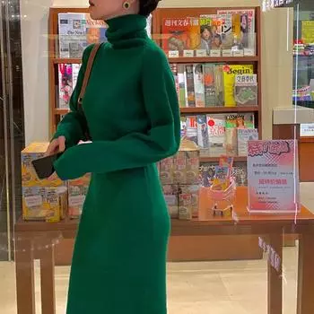 Водолазка женское платье свитер с длинными рукавами вязаные платья женские с высокой талией тонкий осенне-зимний пуловер вязаный длинный халат новый S бежевый