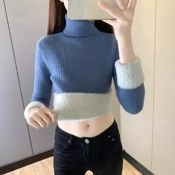 Водолазка, зимний свитер, женский элегантный утепленный бархатный подклад, теплый флисовый вязаный пуловер, тонкий трикотаж, джемпер, трикотаж One Size хаки