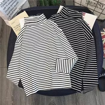 Водолазки с длинным рукавом, женские полосатые футболки, универсальные свободные базовые топы для отдыха, корейский стиль, Mujer, модная одежда, Ins M белый
