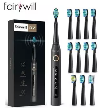 Водонепроницаемая электрическая зубная щетка для взрослых Fairywill с сильной звуковой зарядкой через USB и головкой на 12 зубных щеток
