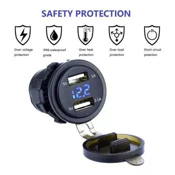 Водонепроницаемая двойная USB-розетка для зарядки Водонепроницаемая розетка питания 3.1A с вольтметром и проводом Встроенный предохранитель 10A для 12-24V автомобиля, лодки, морского транспорта, мотоцикла
