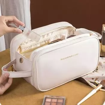 Водонепроницаемая косметичка из искусственной кожи с двойной молнией для путешествий, несессер для макияжа, сумка для покупок кофейный