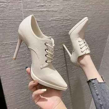 Водонепроницаемая осень 2024 года, новый стиль, одинарные туфли с острым носком и высоким каблуком, резиновый верх, модная женская обувь на тонком каблуке, черного цвета 35 чёрный