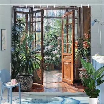 Водонепроницаемая шторка для душа в деревенском стиле с изображением садовой двери, цветущих цветов и пышной зелени, привносящая очарование природы в декор ванной комнаты W90XH180cm