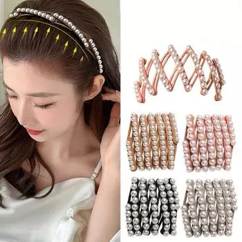 Водонепроницаемая складная повязка на голову с жемчугом, пластиковая портативная повязка для волос, выдвижной обруч для волос, пляж кофейный