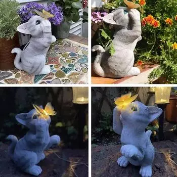 Водонепроницаемая солнечная стоящая кошка-бабочка из смолы, украшения, кошачья скульптура, поделки, украшение для сада и двора A