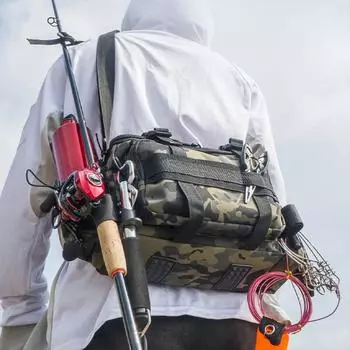 Водонепроницаемая сумка для рыбалки, слинг через плечо, рюкзак для рыболовных снастей с держателем удочки, коробка для хранения, военная уличная компактная сумка для приманок чёрный