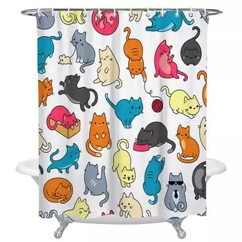 Водонепроницаемая занавеска для душа с мультяшным котом, ткань для ванной комнаты, полиэстеровая занавеска для душа, декор для ванной, занавеска 91W x 183H CM