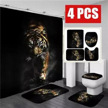 Водонепроницаемая занавеска для душа в ванной комнате, 3D занавеска для ванной с изображением тигра, наборы занавесок для унитаза, нескользящий коврик для ванной, ковер, комплект ковров 4 Full Set