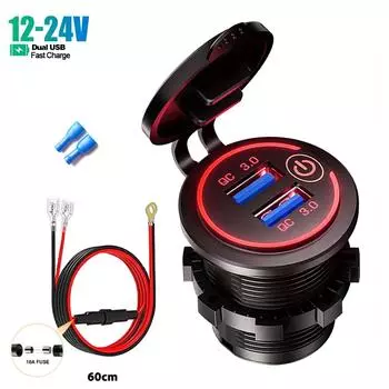 Водонепроницаемое автомобильное зарядное устройство USB IP66 с сенсорным переключателем, двумя портами QC3.0 и пылезащитным чехлом для установки на приборную панель морского катера, автофургона, мотоцикла