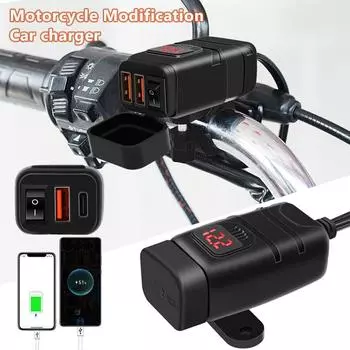 Водонепроницаемое мотоциклетное зарядное устройство с двумя USB-портами QC3.0, руль, адаптер для быстрой зарядки 12 В с вольтметром для мотоцикла full set