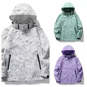 Водонепроницаемое женское пальто, стильная ветровка с принтом листьев для женщин с капюшоном, водонепроницаемое дышащее пальто для активного отдыха на осень M белый