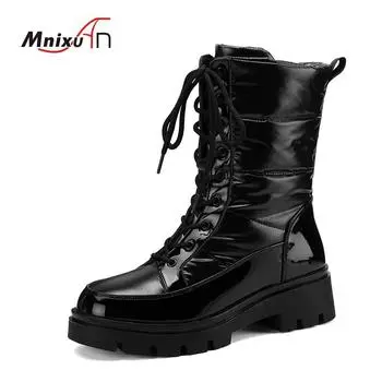 Водонепроницаемые ботильоны на шнуровке женские зимние ботинки для снега женская обувь толстые плюшевые зимние женские мотоциклетные ботинки из искусственной кожи 35