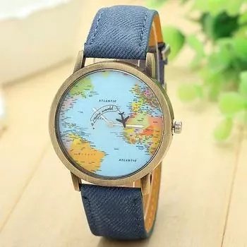 Водонепроницаемые часы Map Bucket watch 8 мм кожаный корпус раскрывающееся стекло уникальный чёрный